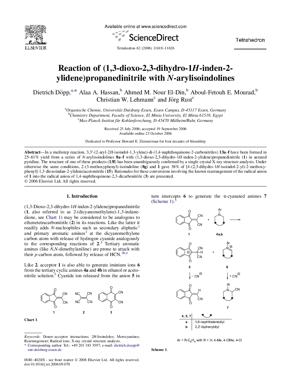 Reaction of (1,3-dioxo-2,3-dihydro-1H-inden-2-ylidene)propanedinitrile with N-arylisoindolines