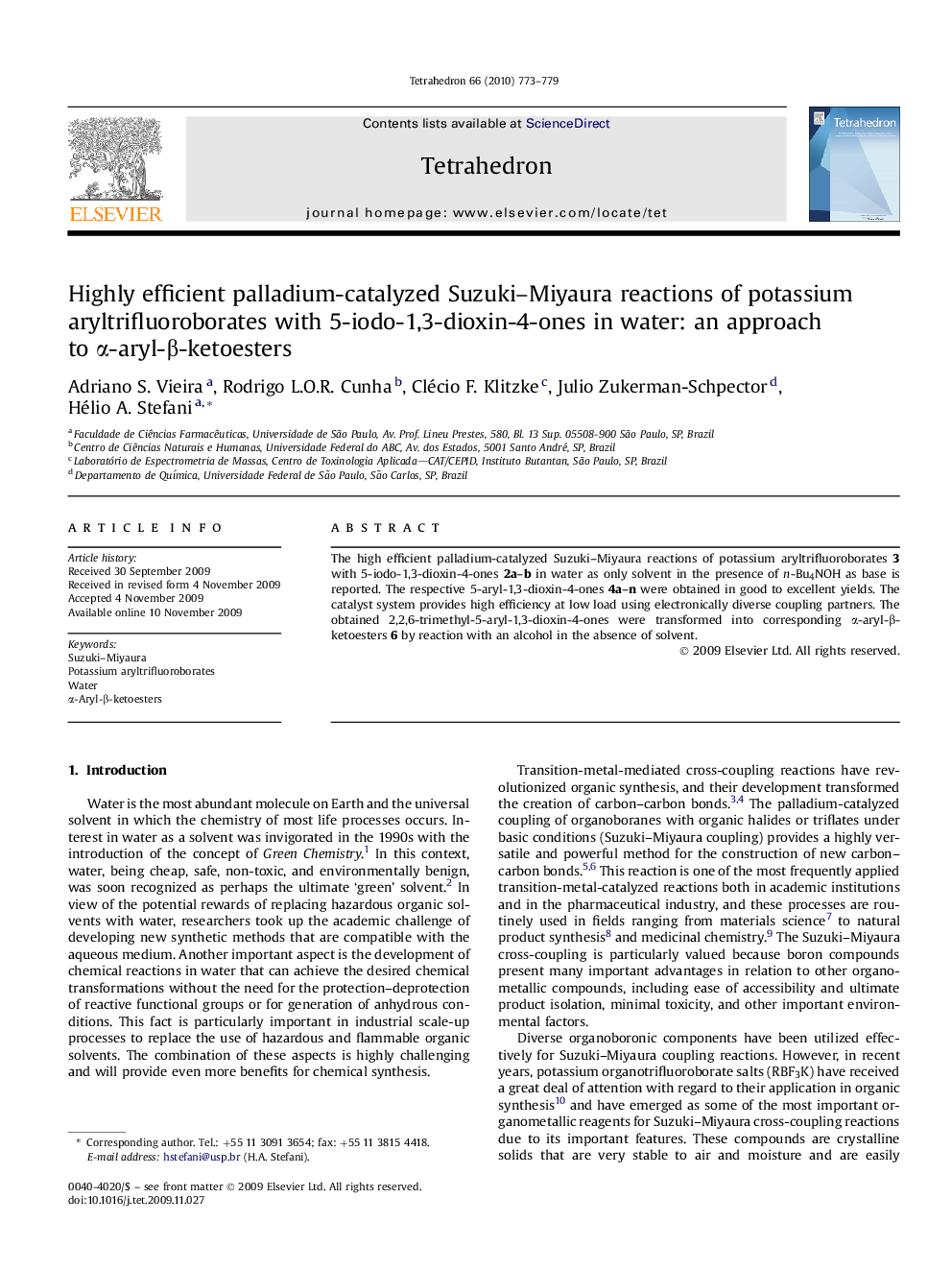 Highly efficient palladium-catalyzed Suzuki-Miyaura reactions of potassium aryltrifluoroborates with 5-iodo-1,3-dioxin-4-ones in water: an approach to Î±-aryl-Î²-ketoesters