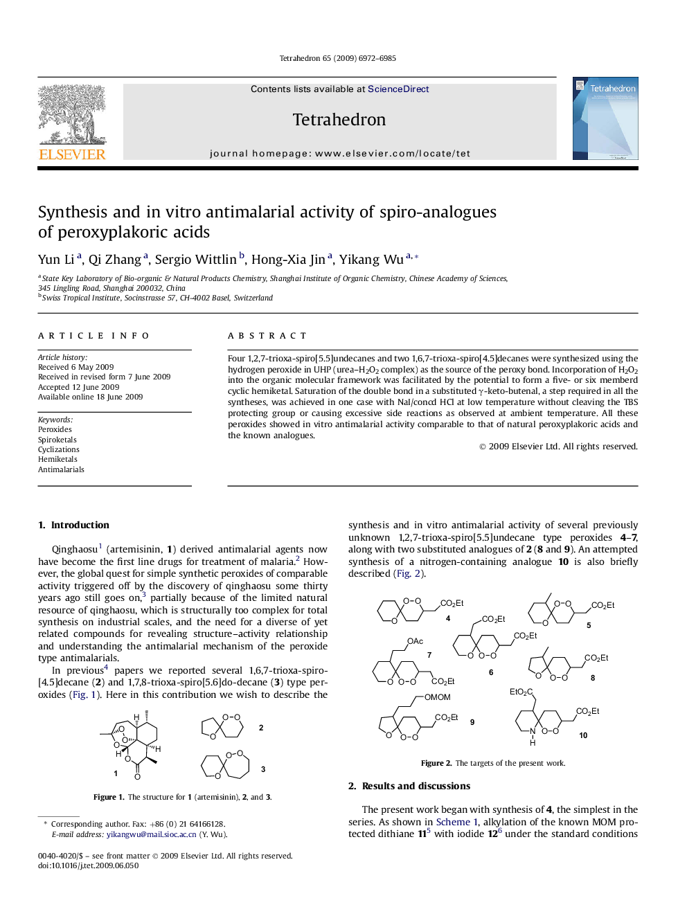 Synthesis and in vitro antimalarial activity of spiro-analogues of peroxyplakoric acids