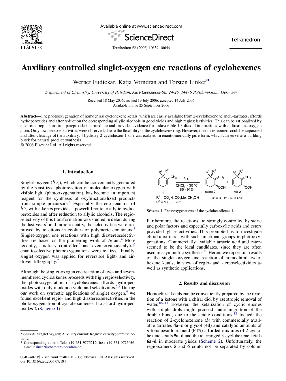 Auxiliary controlled singlet-oxygen ene reactions of cyclohexenes