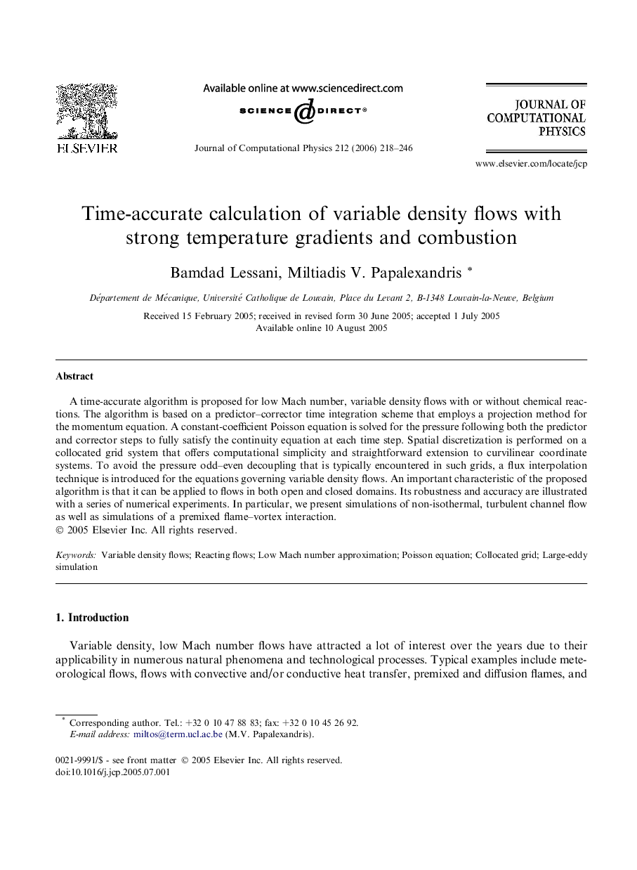 Time-accurate calculation of variable density flows with strong temperature gradients and combustion