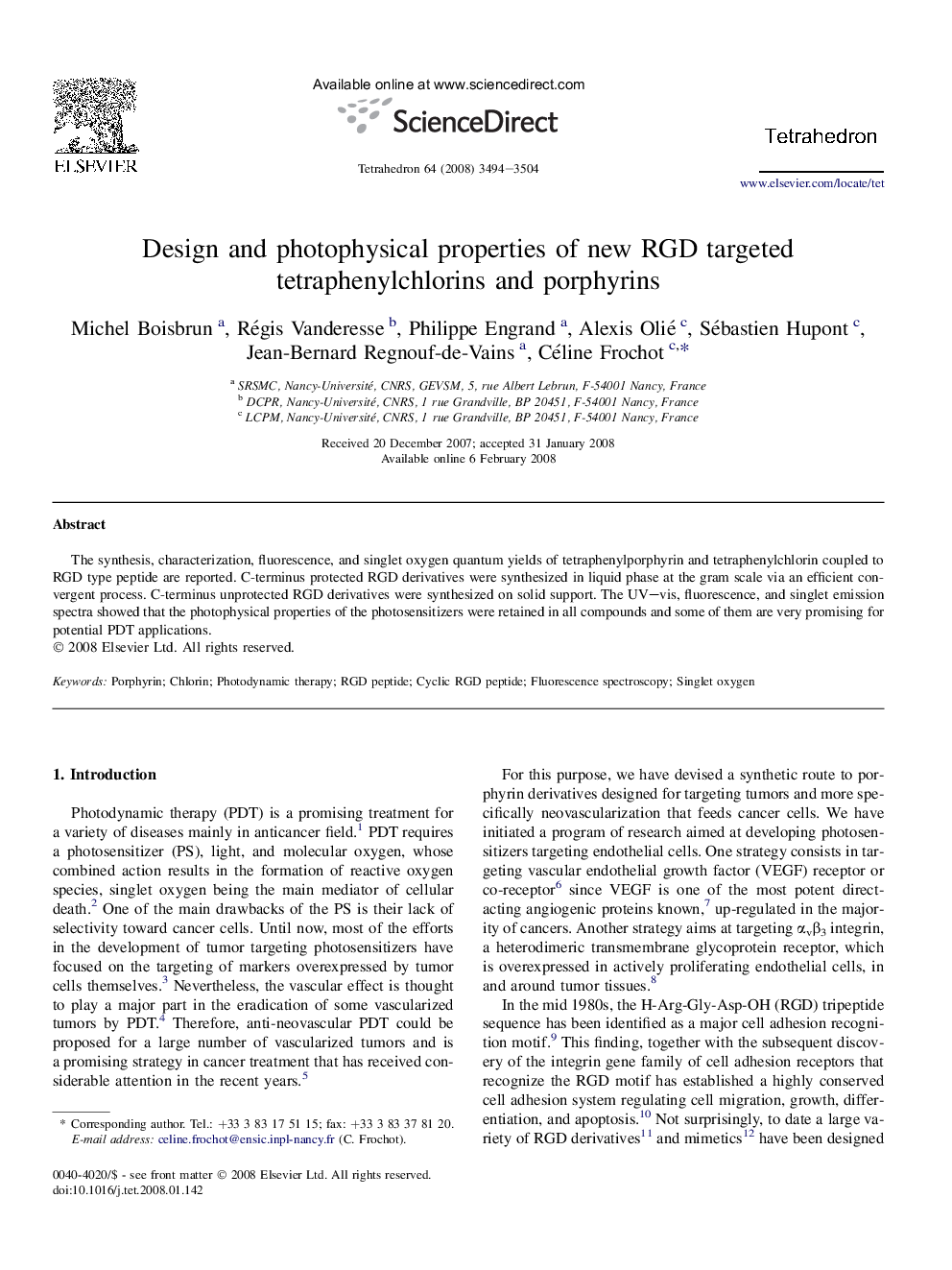 Design and photophysical properties of new RGD targeted tetraphenylchlorins and porphyrins