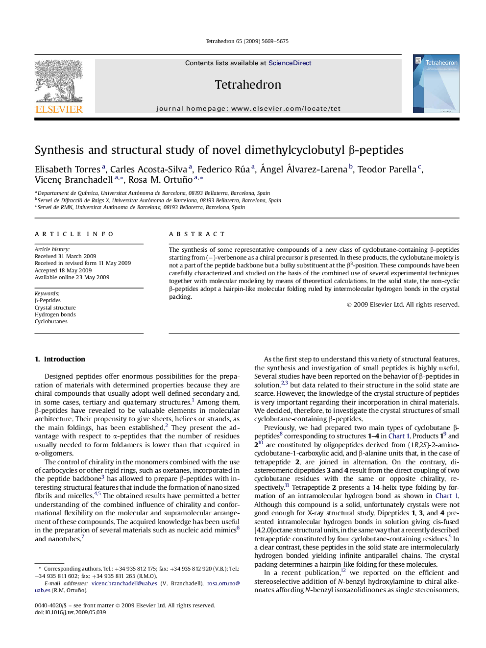 Synthesis and structural study of novel dimethylcyclobutyl β-peptides