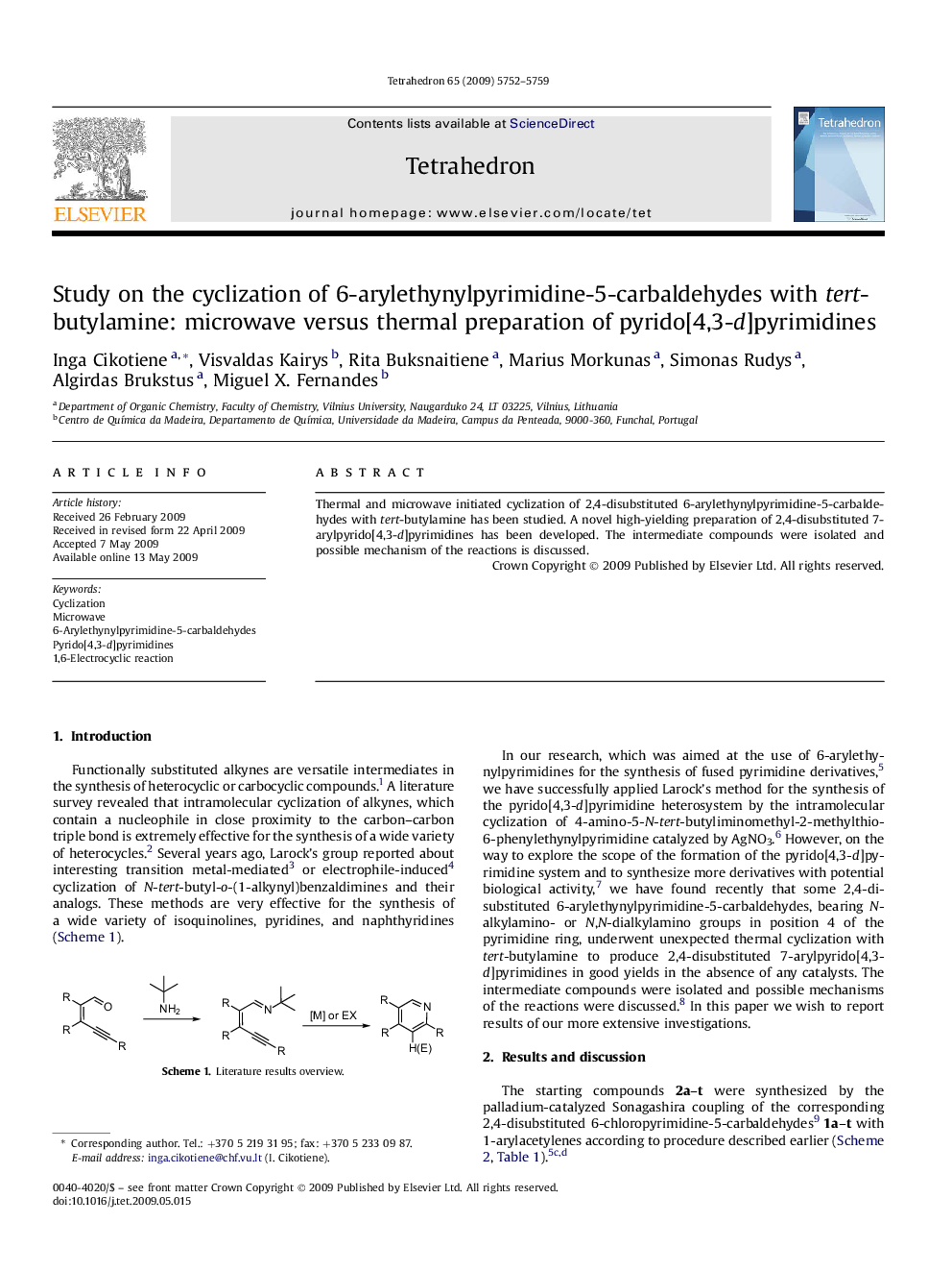 Study on the cyclization of 6-arylethynylpyrimidine-5-carbaldehydes with tert-butylamine: microwave versus thermal preparation of pyrido[4,3-d]pyrimidines