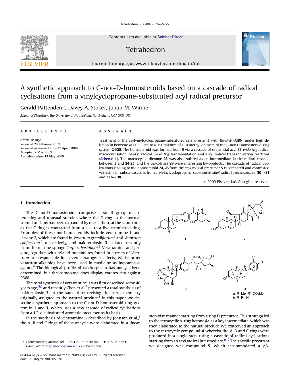 A synthetic approach to C-nor-D-homosteroids based on a cascade of radical cyclisations from a vinylcyclopropane-substituted acyl radical precursor