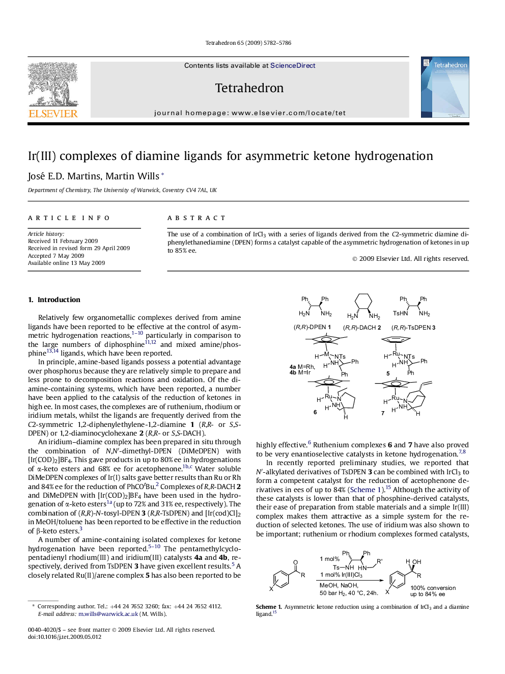 Ir(III) complexes of diamine ligands for asymmetric ketone hydrogenation