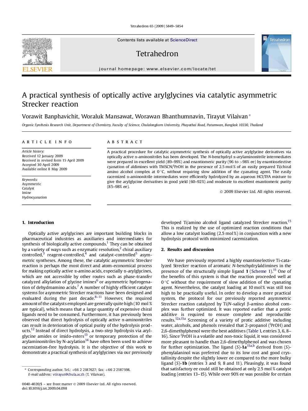 A practical synthesis of optically active arylglycines via catalytic asymmetric Strecker reaction