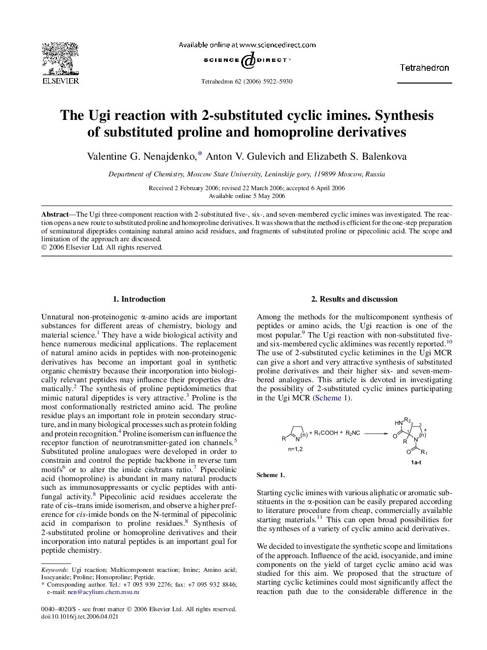 The Ugi reaction with 2-substituted cyclic imines. Synthesis of substituted proline and homoproline derivatives