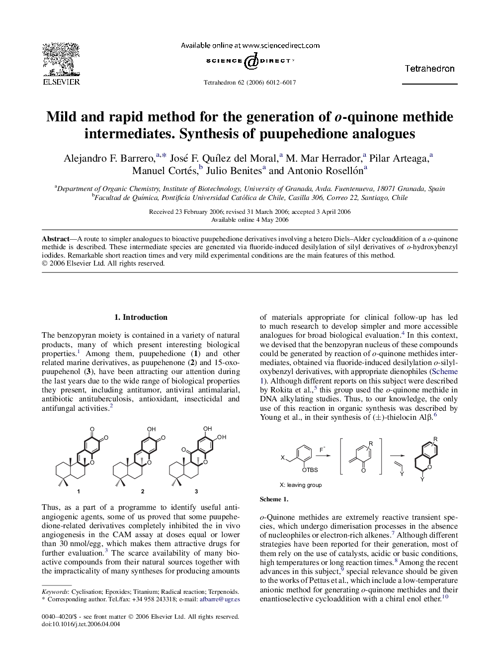 Mild and rapid method for the generation of o-quinone methide intermediates. Synthesis of puupehedione analogues