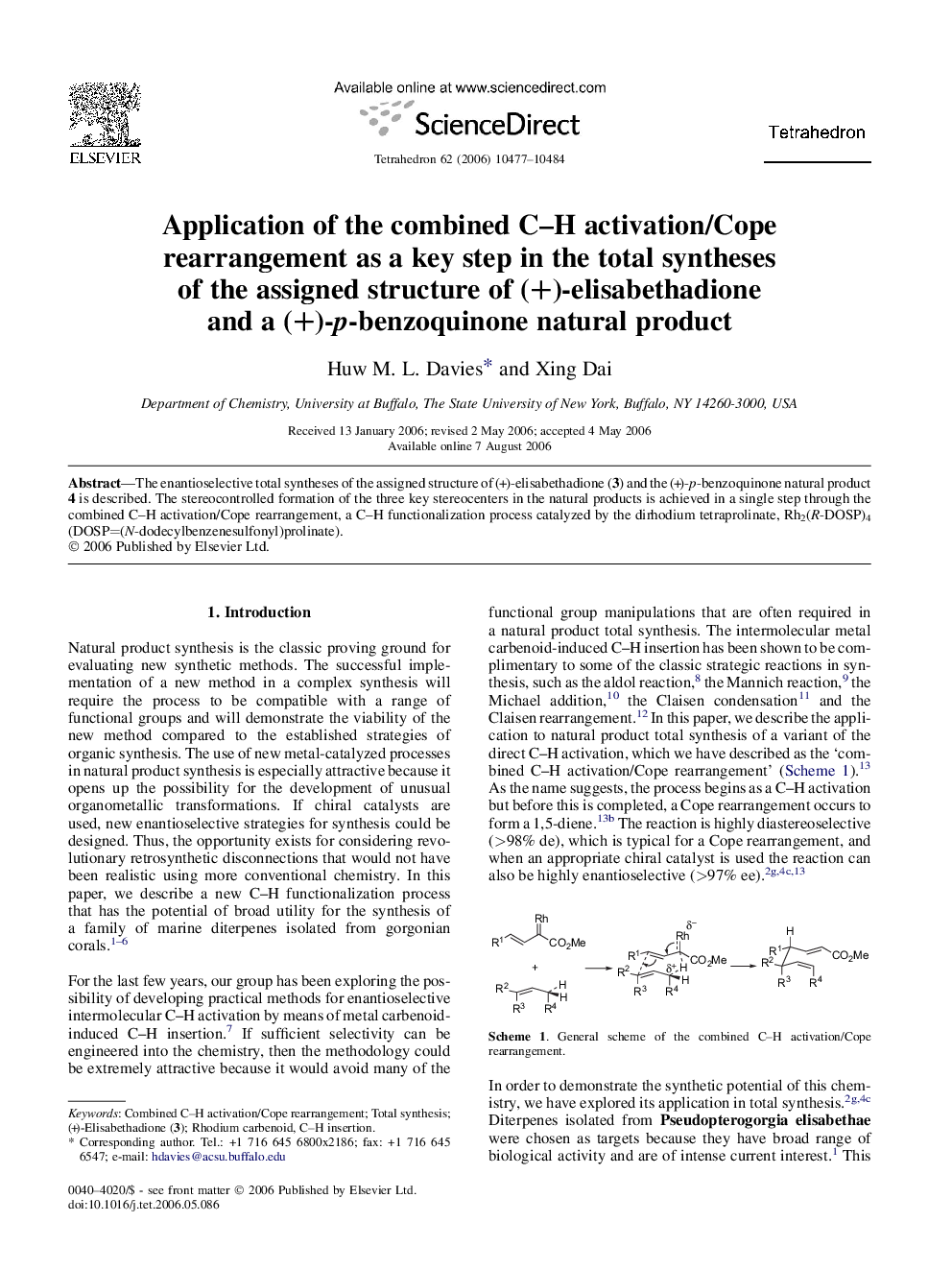 Application of the combined C-H activation/Cope rearrangement as a key step in the total syntheses of the assigned structure of (+)-elisabethadione and a (+)-p-benzoquinone natural product