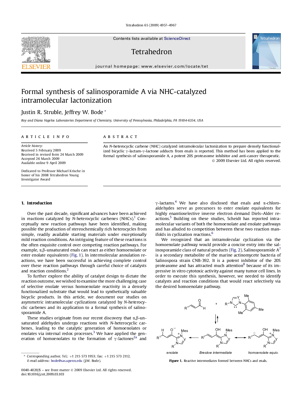 Formal synthesis of salinosporamide A via NHC-catalyzed intramolecular lactonization