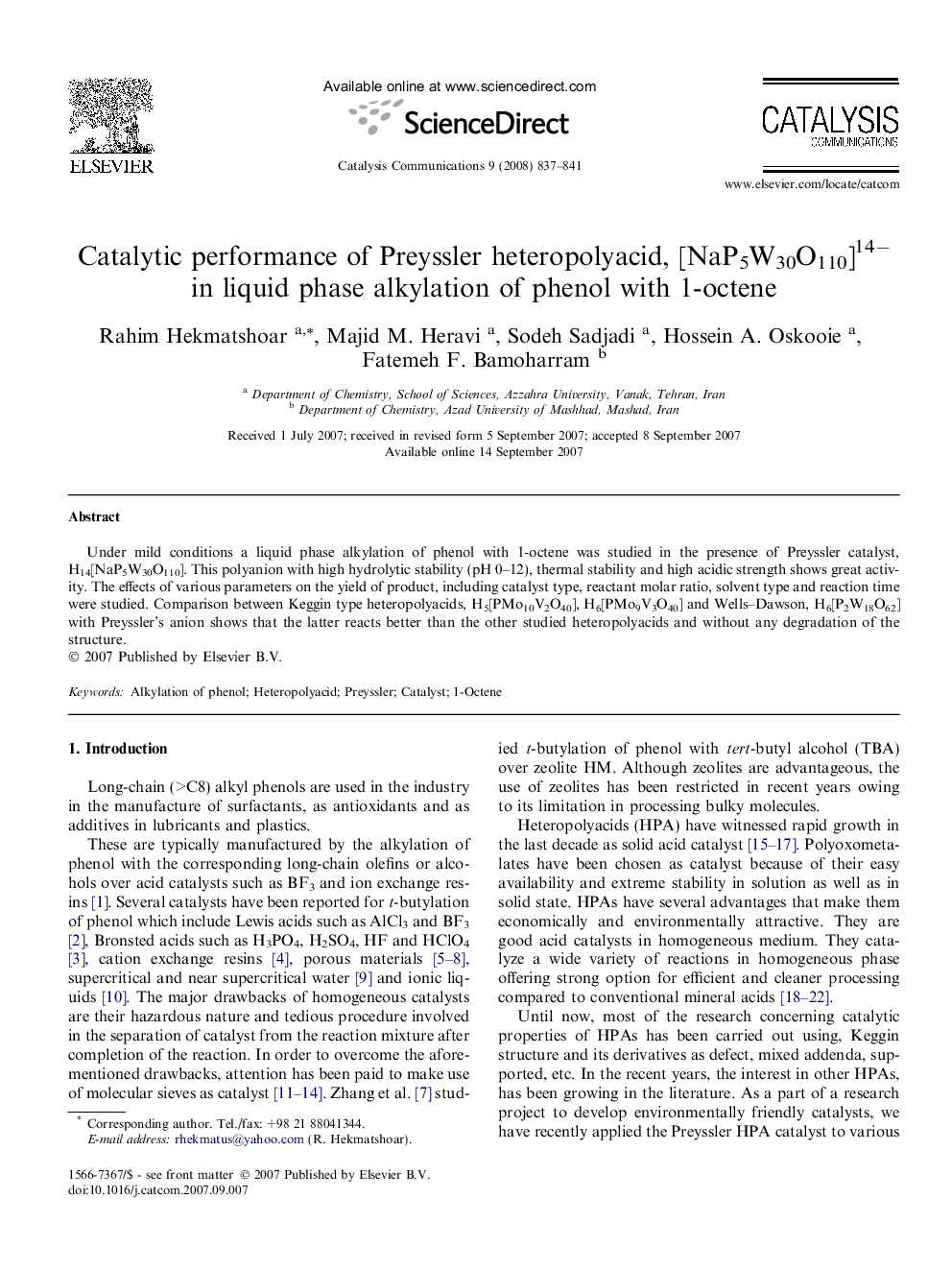 Catalytic performance of Preyssler heteropolyacid, [NaP5W30O110]14− in liquid phase alkylation of phenol with 1-octene