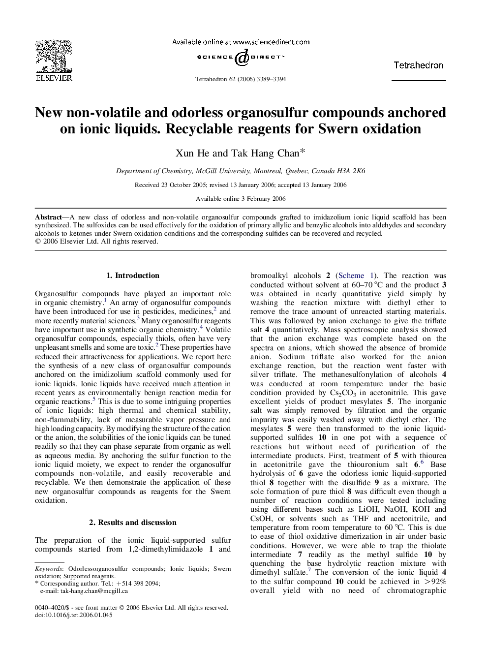 New non-volatile and odorless organosulfur compounds anchored on ionic liquids. Recyclable reagents for Swern oxidation