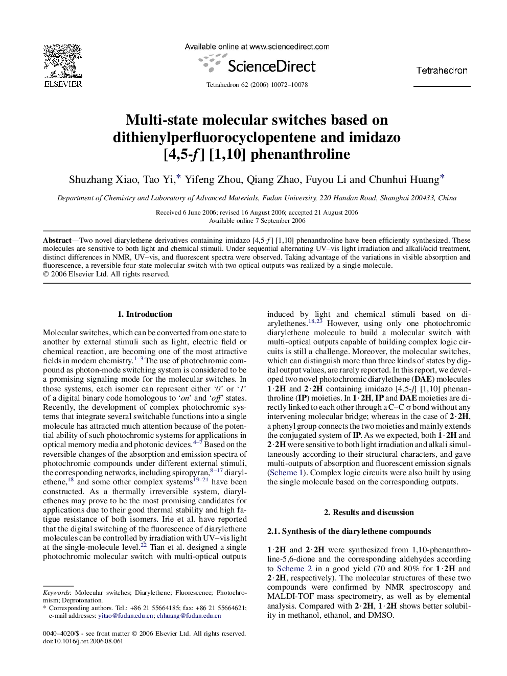 Multi-state molecular switches based on dithienylperfluorocyclopentene and imidazo [4,5-f] [1,10] phenanthroline
