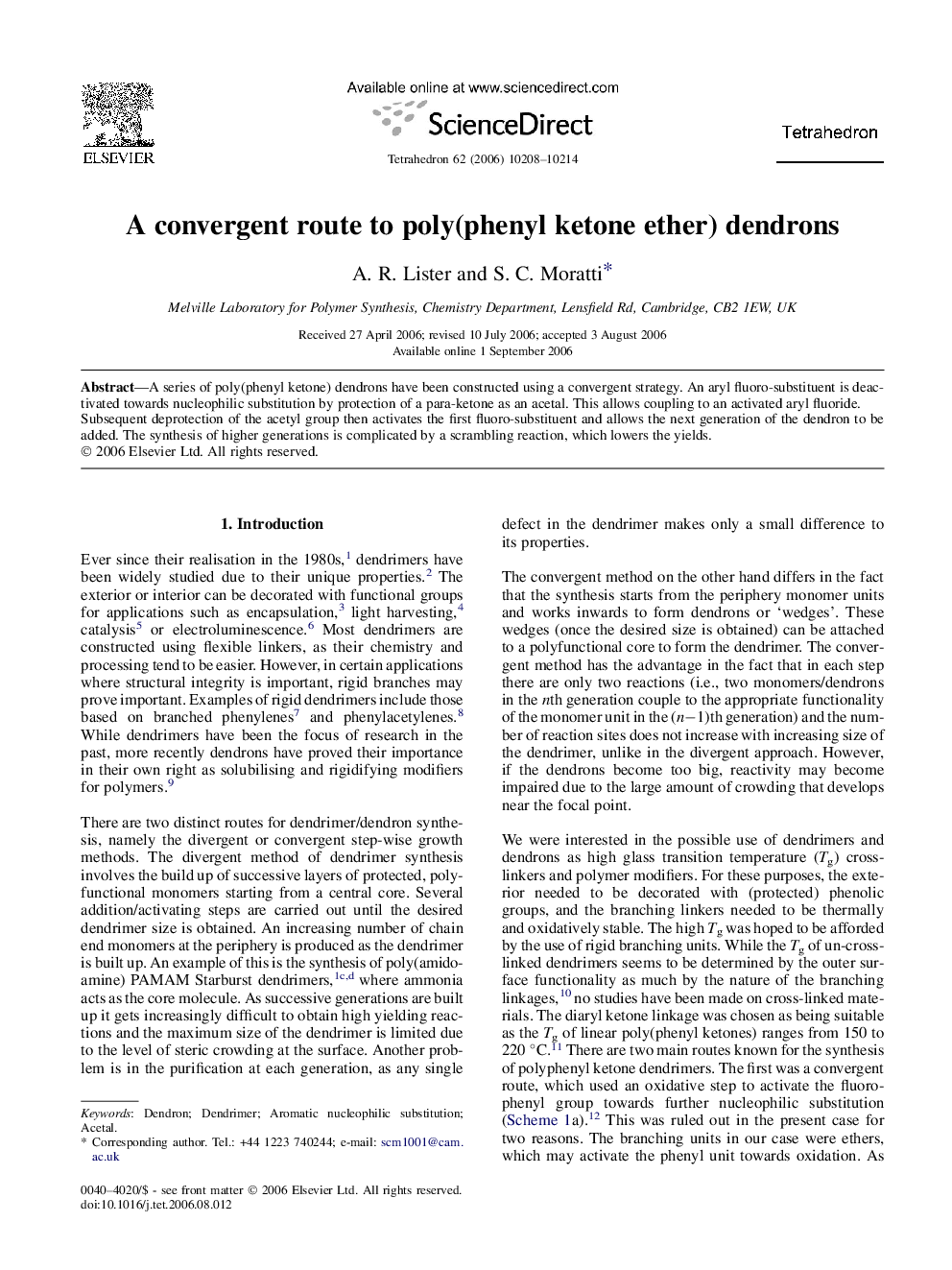 A convergent route to poly(phenyl ketone ether) dendrons