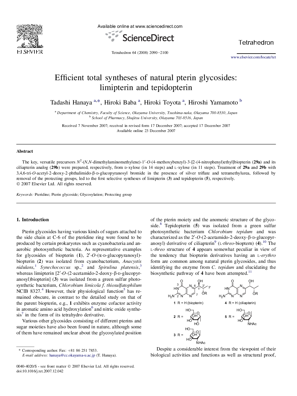 Efficient total syntheses of natural pterin glycosides: limipterin and tepidopterin