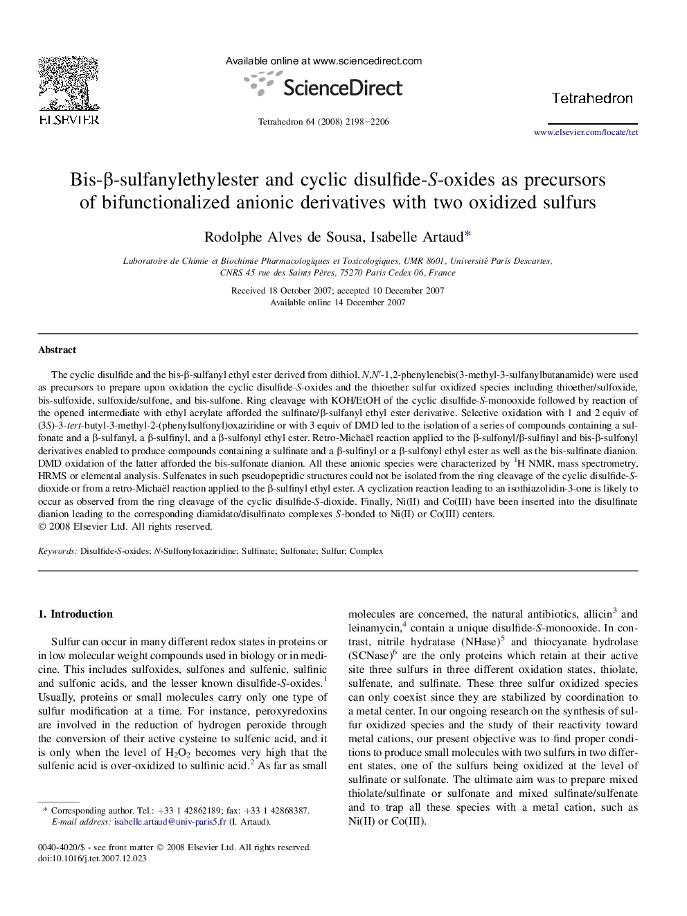 Bis-Î²-sulfanylethylester and cyclic disulfide-S-oxides as precursors of bifunctionalized anionic derivatives with two oxidized sulfurs