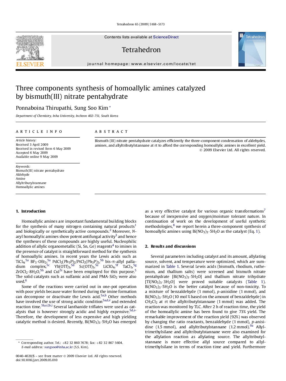 Three components synthesis of homoallylic amines catalyzed by bismuth(III) nitrate pentahydrate