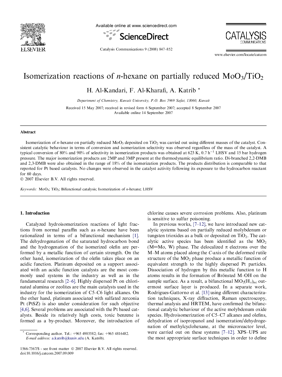 Isomerization reactions of n-hexane on partially reduced MoO3/TiO2