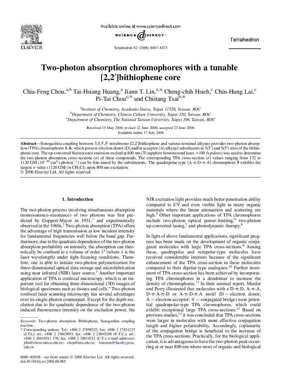 Two-photon absorption chromophores with a tunable [2,2â²]bithiophene core