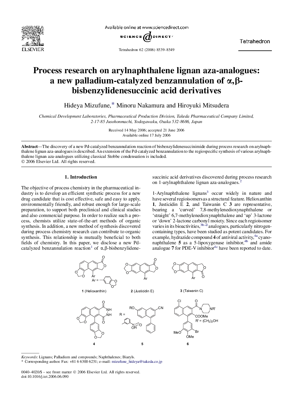 Process research on arylnaphthalene lignan aza-analogues: a new palladium-catalyzed benzannulation of Î±,Î²-bisbenzylidenesuccinic acid derivatives