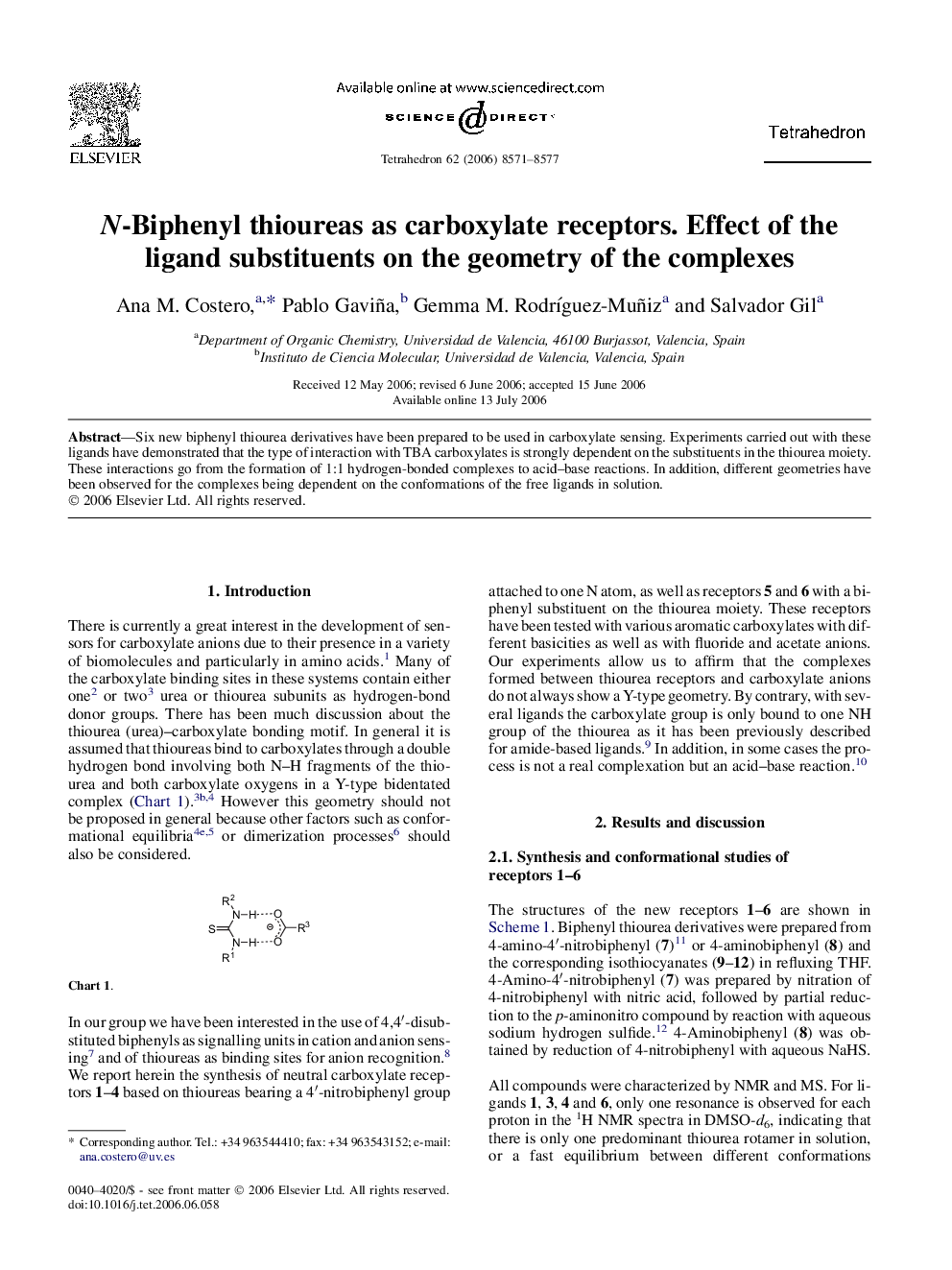 N-Biphenyl thioureas as carboxylate receptors. Effect of the ligand substituents on the geometry of the complexes