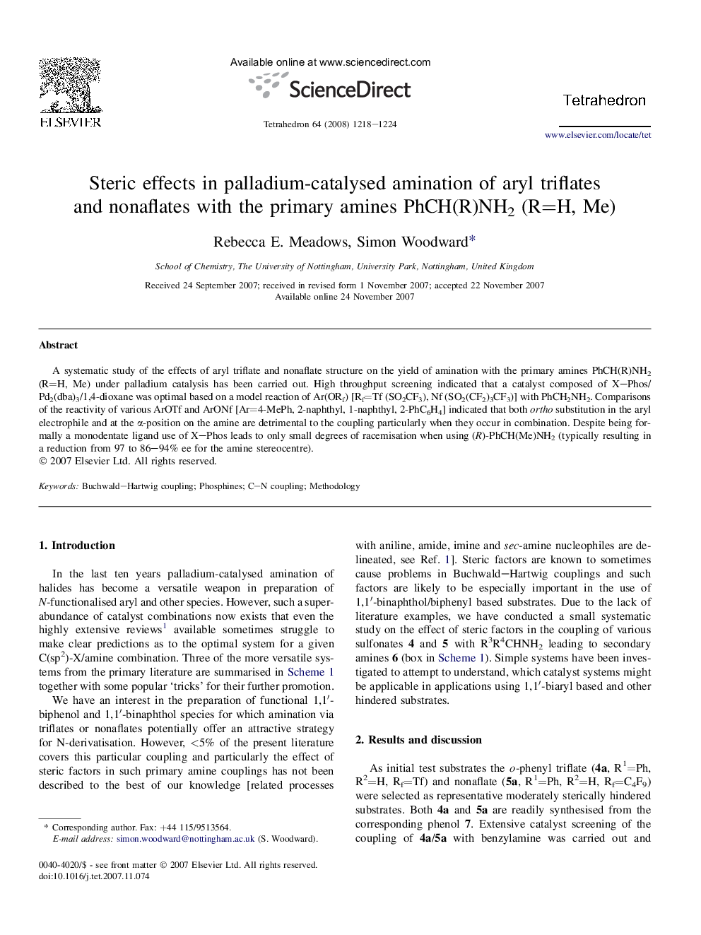 Steric effects in palladium-catalysed amination of aryl triflates and nonaflates with the primary amines PhCH(R)NH2 (R=H, Me)