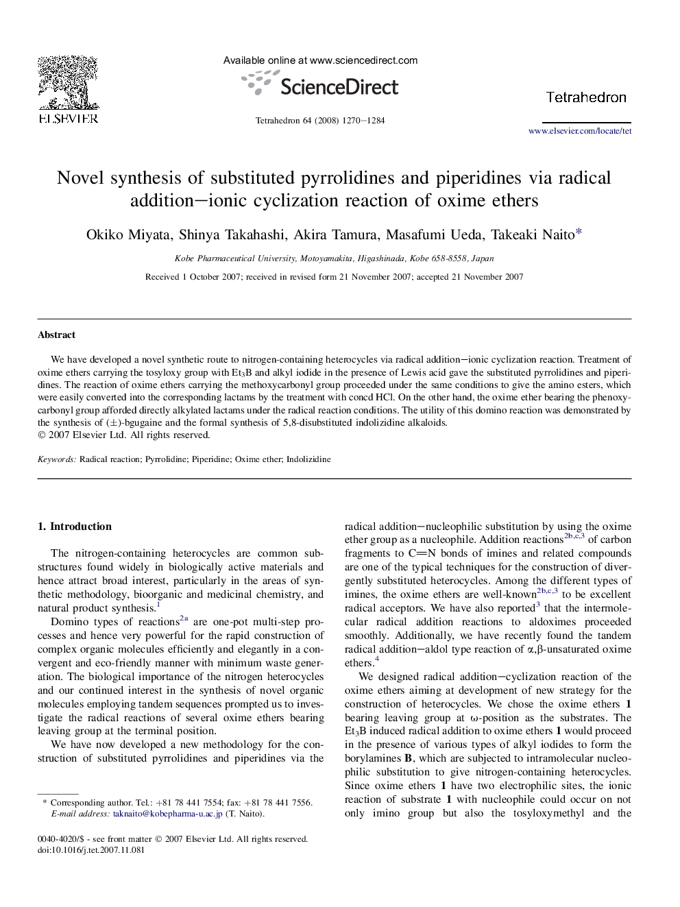 Novel synthesis of substituted pyrrolidines and piperidines via radical addition-ionic cyclization reaction of oxime ethers