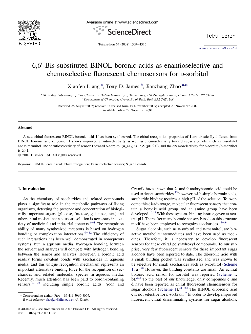 6,6â²-Bis-substituted BINOL boronic acids as enantioselective and chemoselective fluorescent chemosensors for d-sorbitol