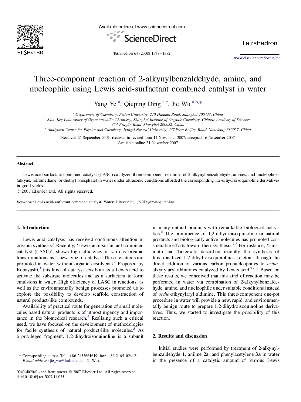 Three-component reaction of 2-alkynylbenzaldehyde, amine, and nucleophile using Lewis acid-surfactant combined catalyst in water