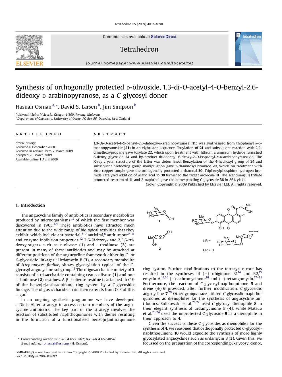 Synthesis of orthogonally protected d-olivoside, 1,3-di-O-acetyl-4-O-benzyl-2,6-dideoxy-d-arabinopyranose, as a C-glycosyl donor