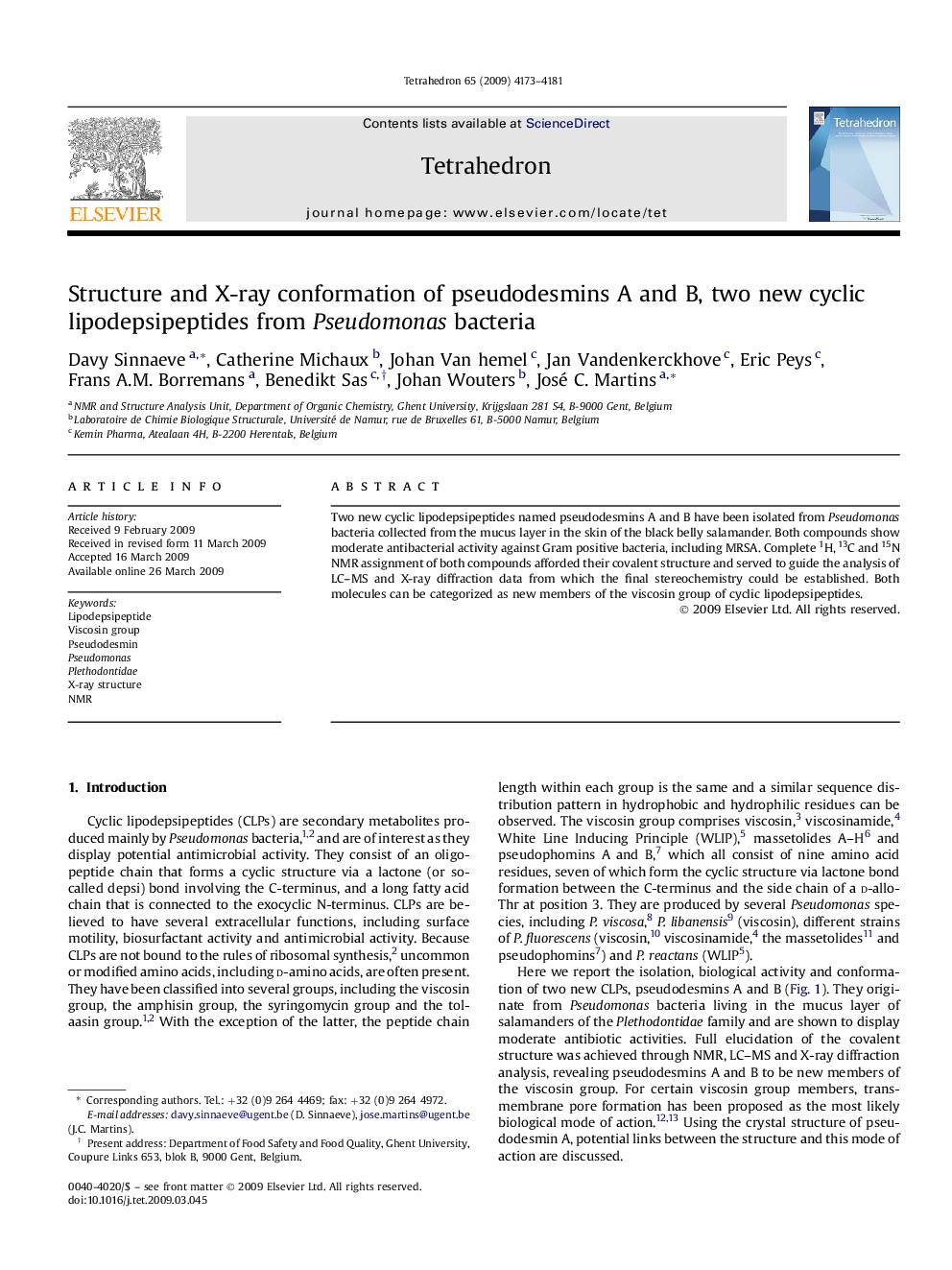 Structure and X-ray conformation of pseudodesmins A and B, two new cyclic lipodepsipeptides from Pseudomonas bacteria