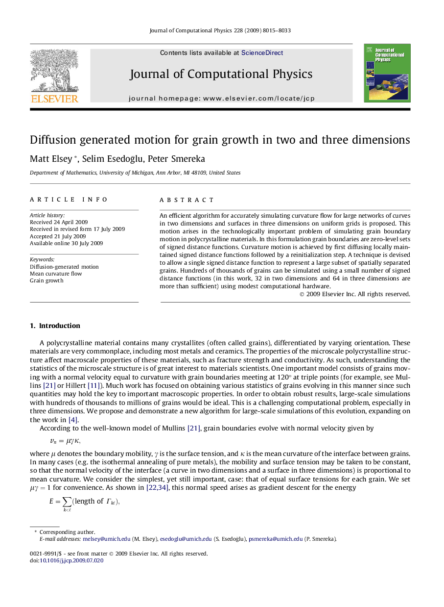 Diffusion generated motion for grain growth in two and three dimensions