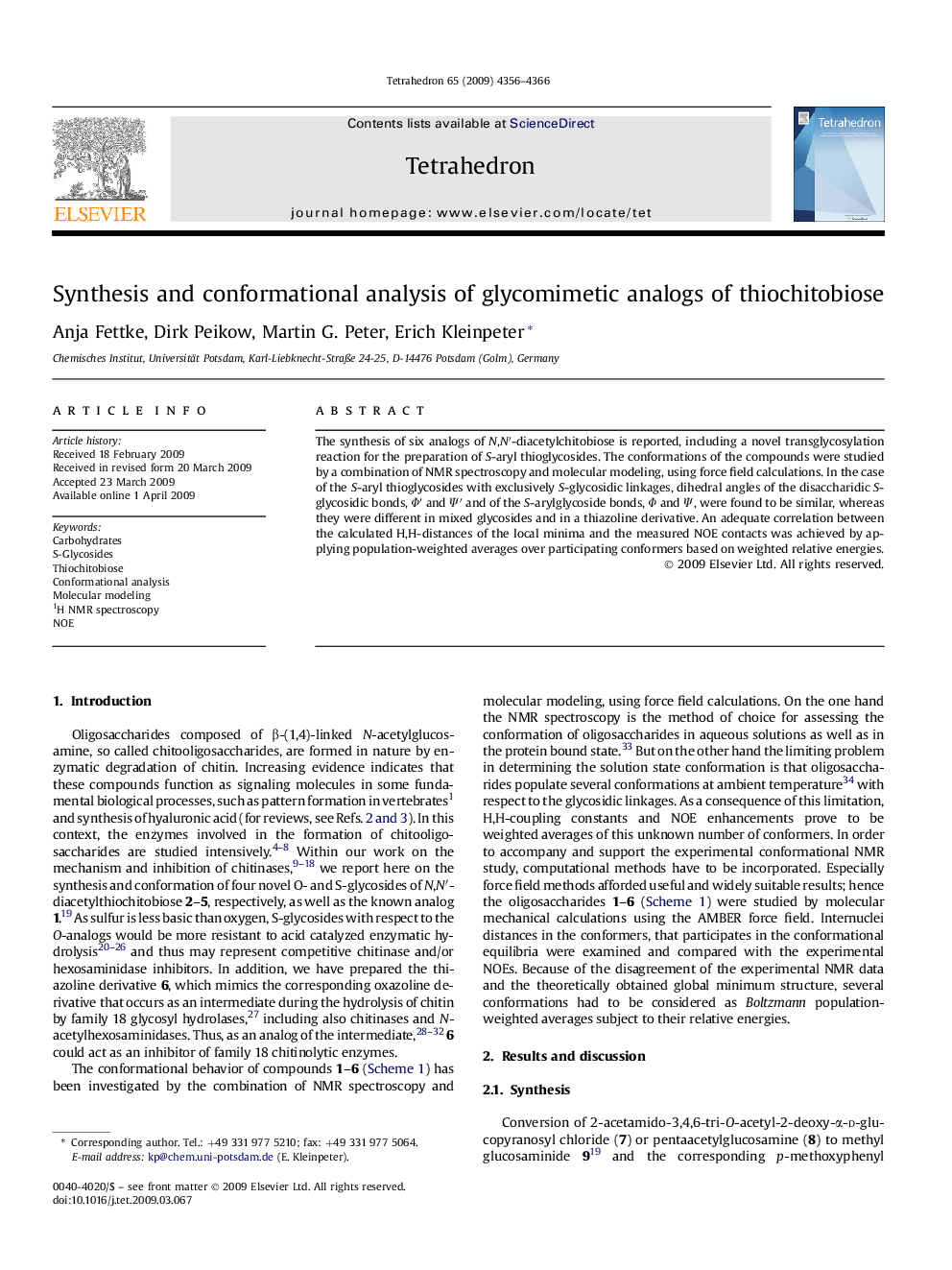 Synthesis and conformational analysis of glycomimetic analogs of thiochitobiose