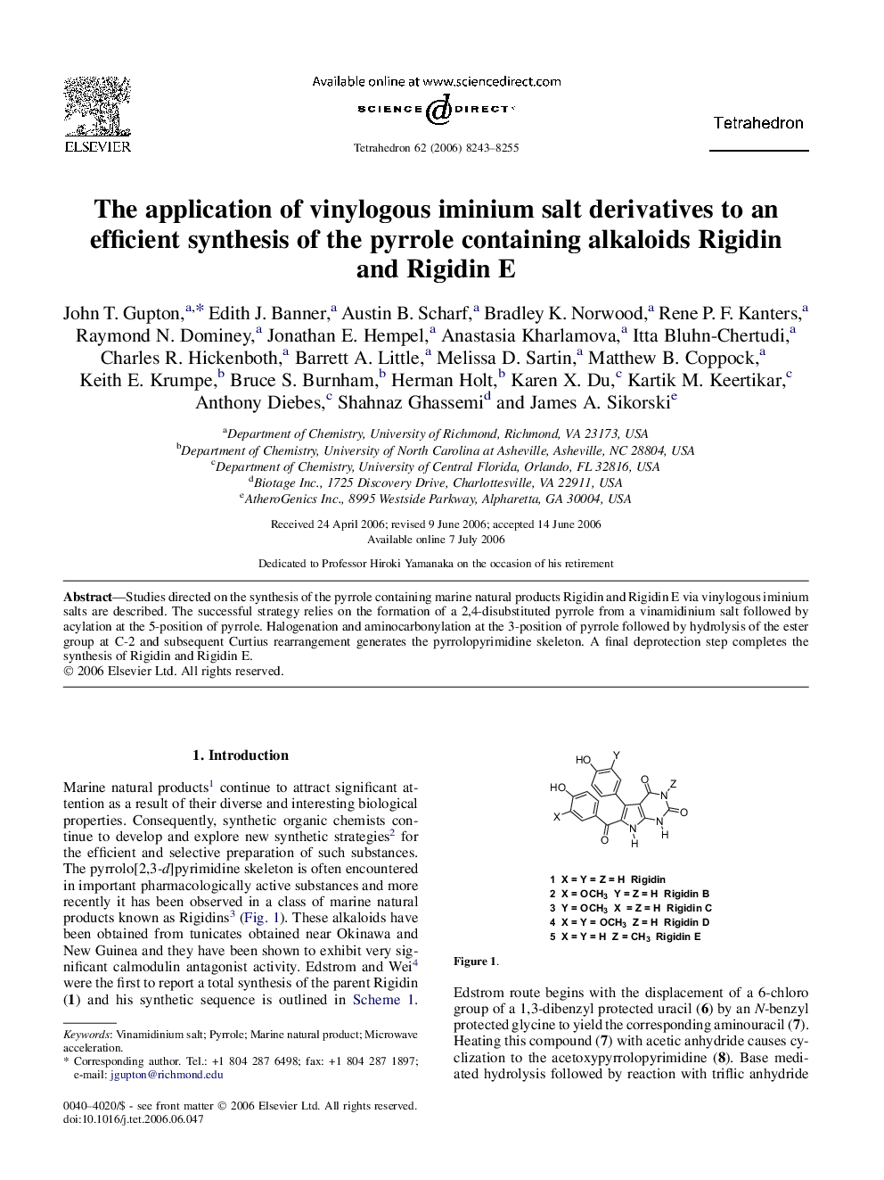 The application of vinylogous iminium salt derivatives to an efficient synthesis of the pyrrole containing alkaloids Rigidin and Rigidin E