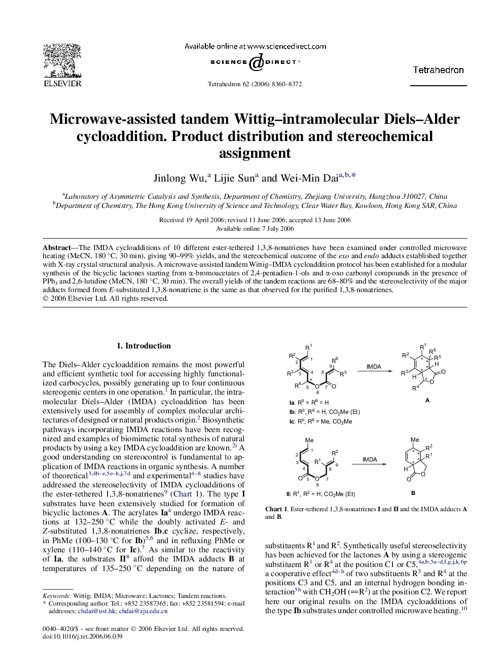 Microwave-assisted tandem Wittig-intramolecular Diels-Alder cycloaddition. Product distribution and stereochemical assignment