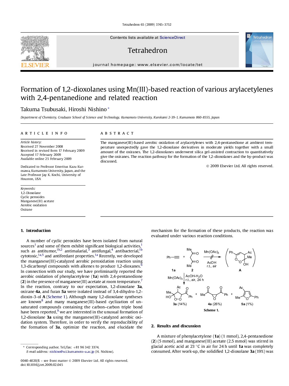 Formation of 1,2-dioxolanes using Mn(III)-based reaction of various arylacetylenes with 2,4-pentanedione and related reaction