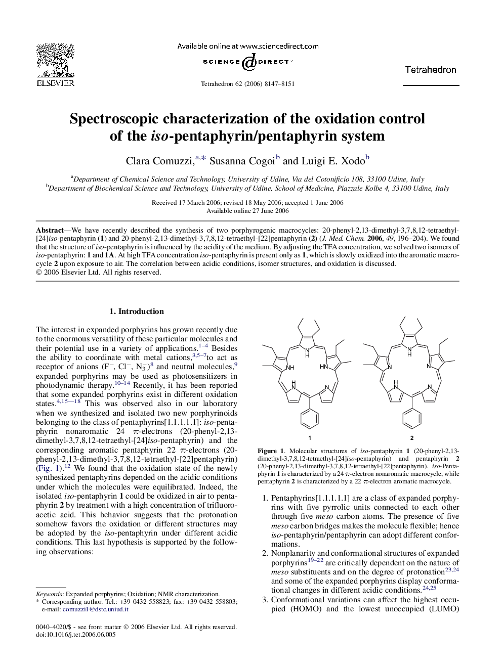 Spectroscopic characterization of the oxidation control of the iso-pentaphyrin/pentaphyrin system