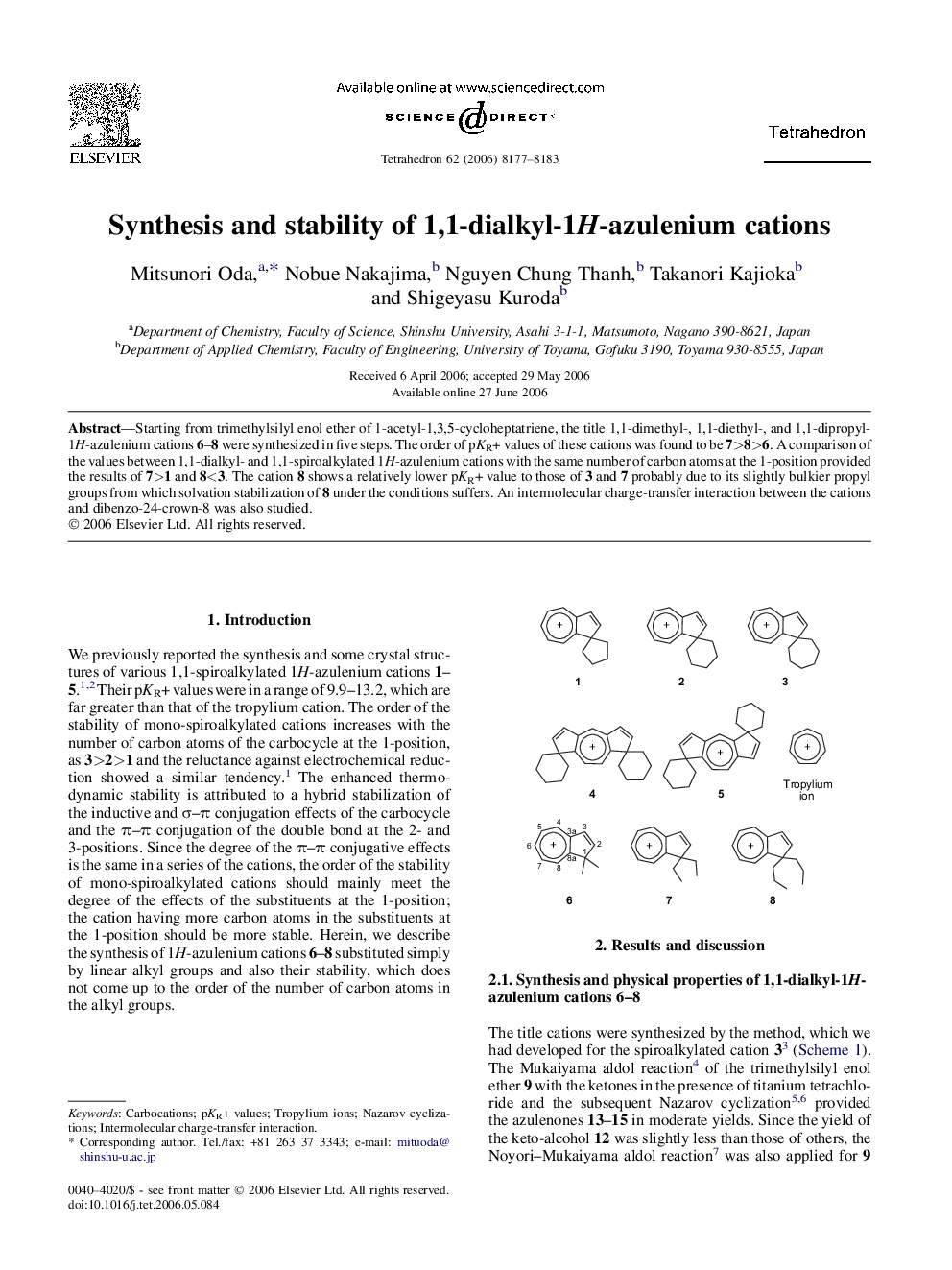 Synthesis and stability of 1,1-dialkyl-1H-azulenium cations