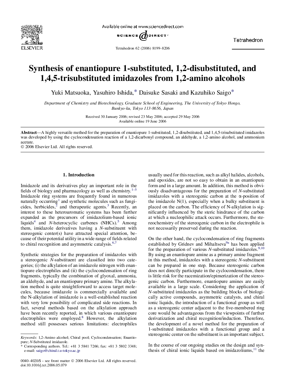 Synthesis of enantiopure 1-substituted, 1,2-disubstituted, and 1,4,5-trisubstituted imidazoles from 1,2-amino alcohols