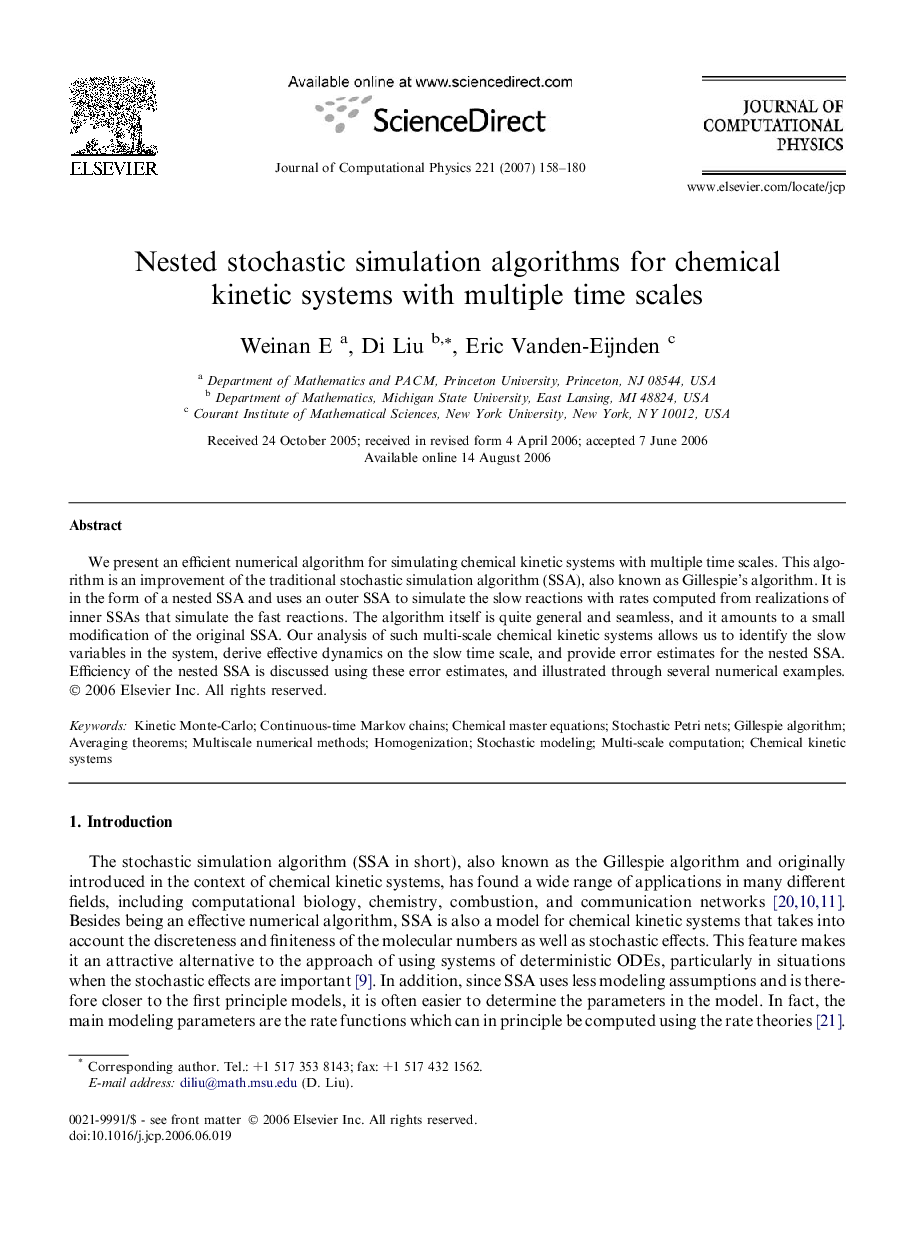 Nested stochastic simulation algorithms for chemical kinetic systems with multiple time scales