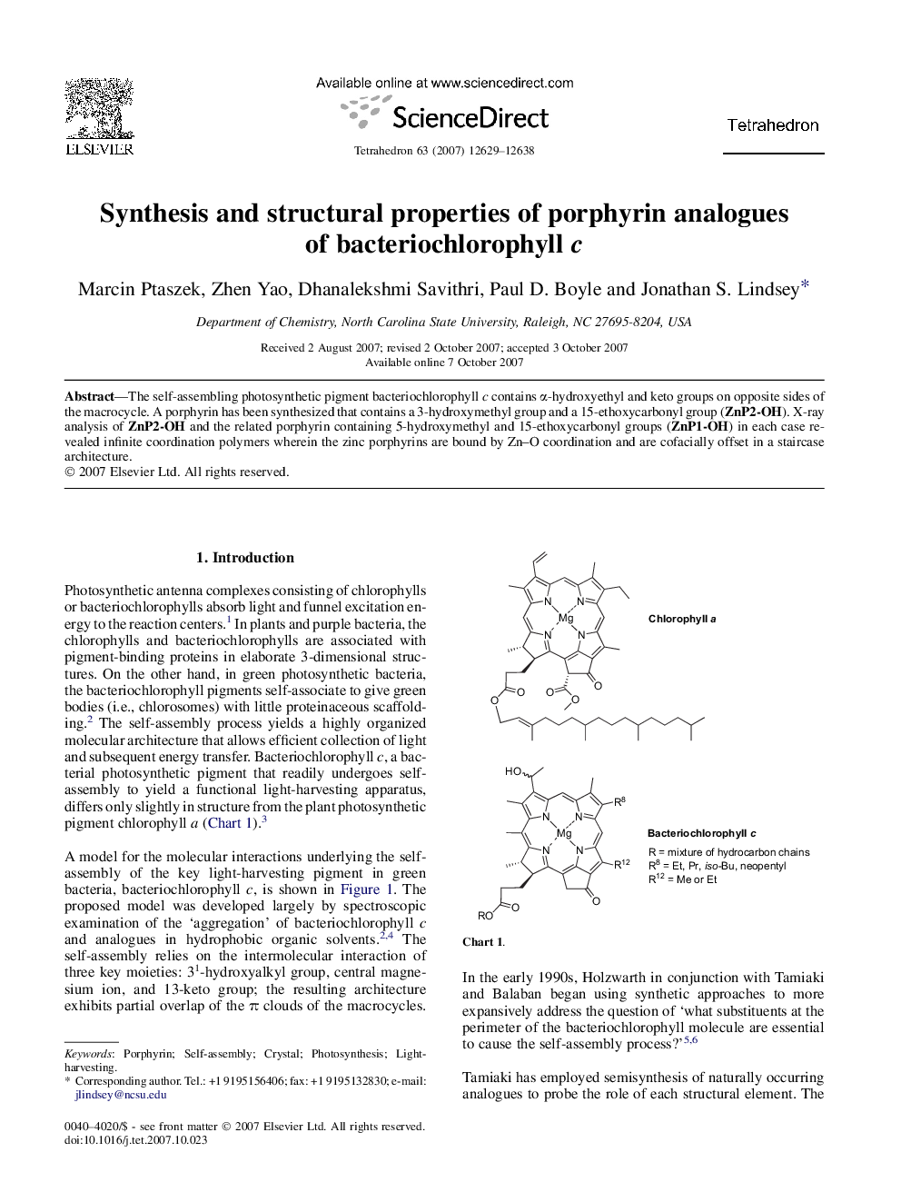 Synthesis and structural properties of porphyrin analogues of bacteriochlorophyll c