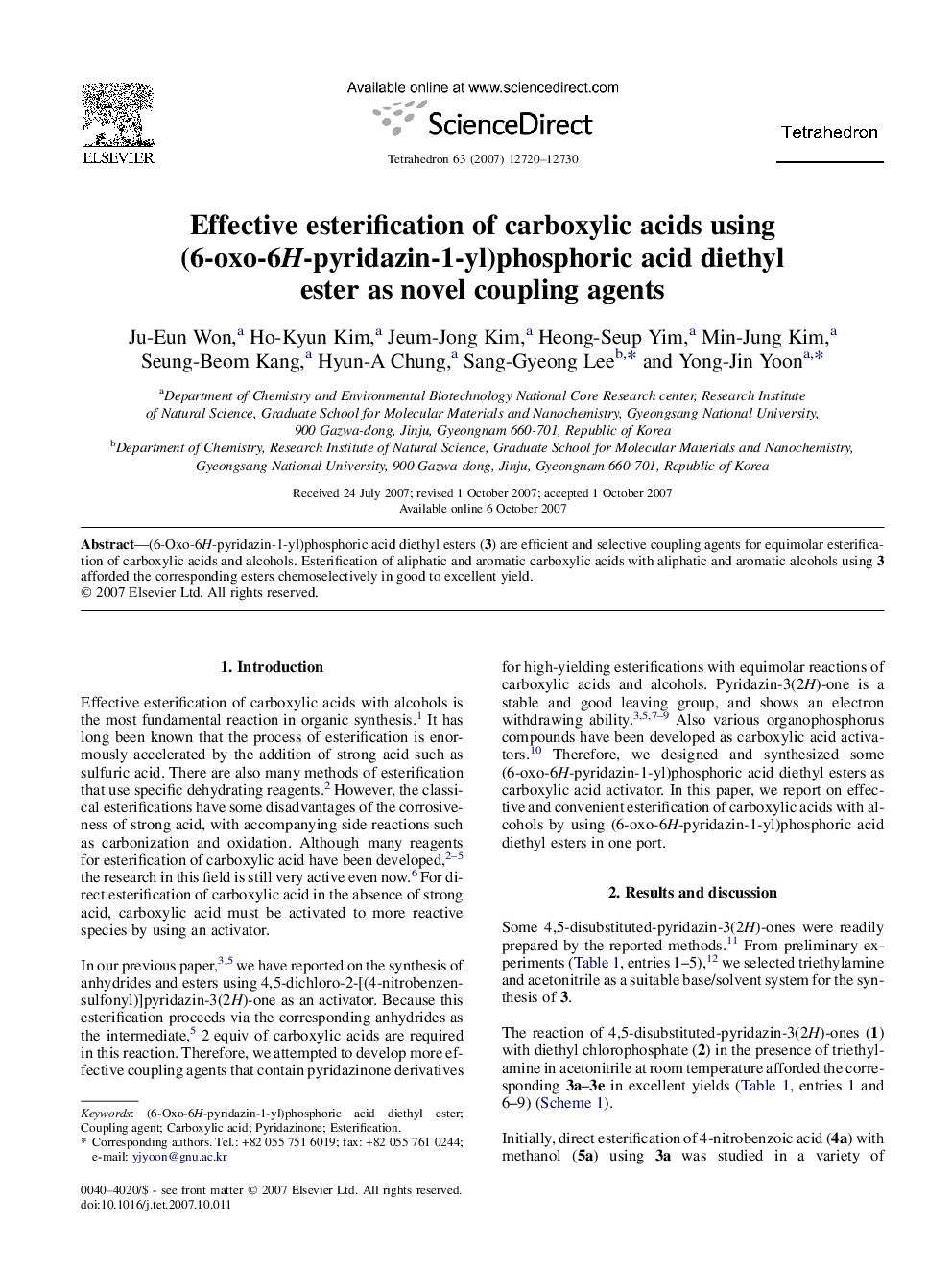 Effective esterification of carboxylic acids using (6-oxo-6H-pyridazin-1-yl)phosphoric acid diethyl ester as novel coupling agents