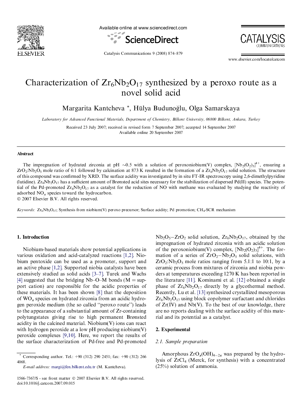 Characterization of Zr6Nb2O17 synthesized by a peroxo route as a novel solid acid