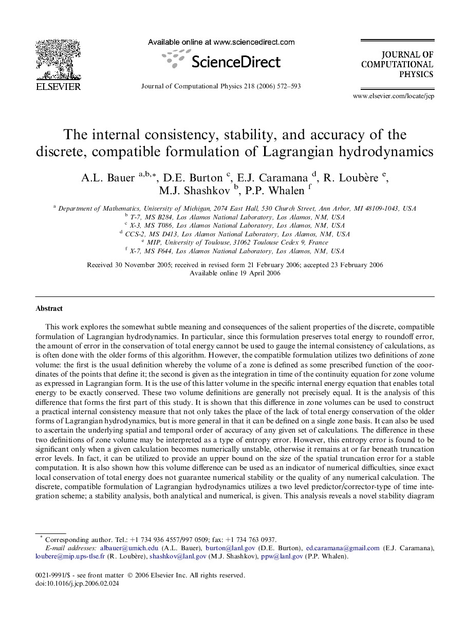 The internal consistency, stability, and accuracy of the discrete, compatible formulation of Lagrangian hydrodynamics