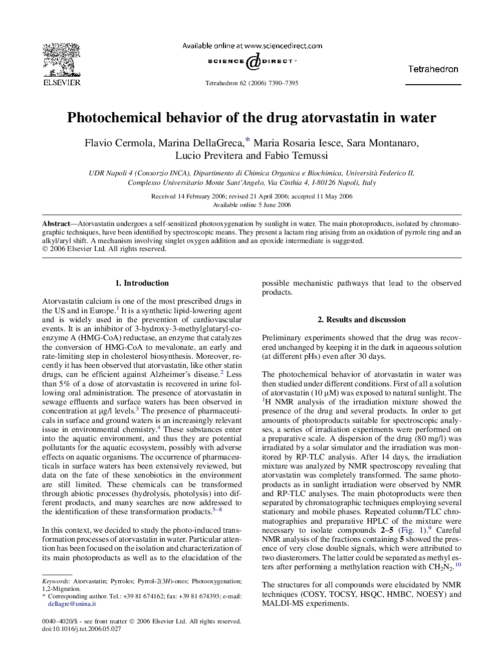 Photochemical behavior of the drug atorvastatin in water