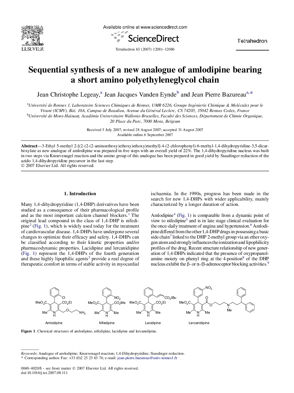 Sequential synthesis of a new analogue of amlodipine bearing a short amino polyethyleneglycol chain