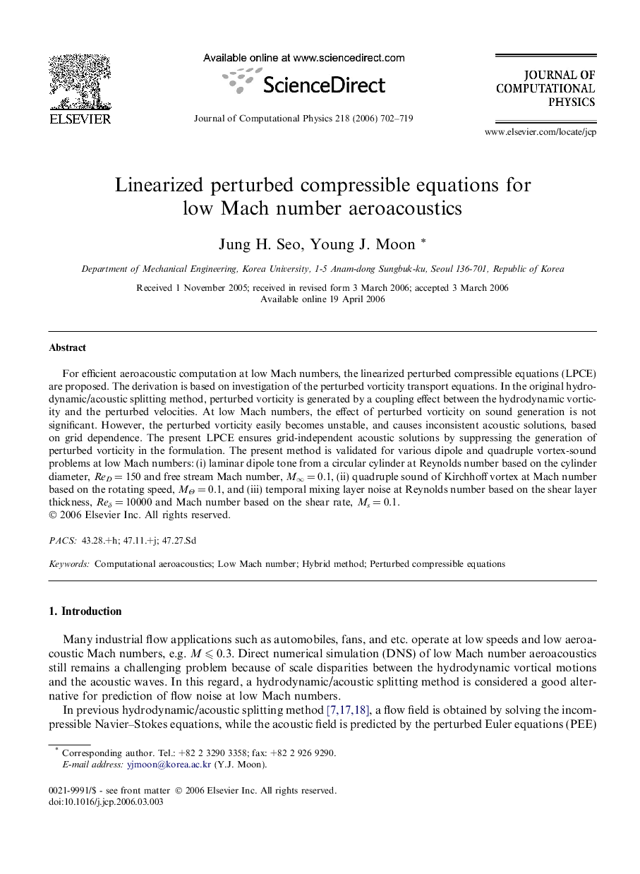 عکس صفحه اول مقاله: Linearized perturbed compressible equations for low Mach number aeroacoustics Linearized perturbed compressible equations for low Mach number aeroacoustics
