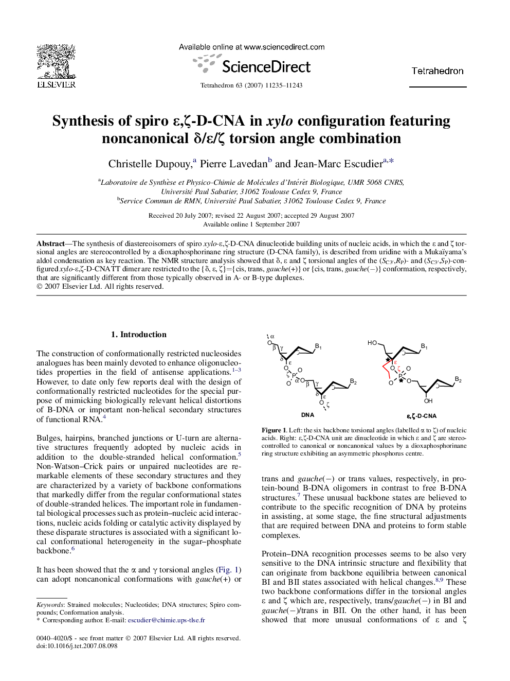 Synthesis of spiro É,Î¶-D-CNA in xylo configuration featuring noncanonical Î´/É/Î¶ torsion angle combination