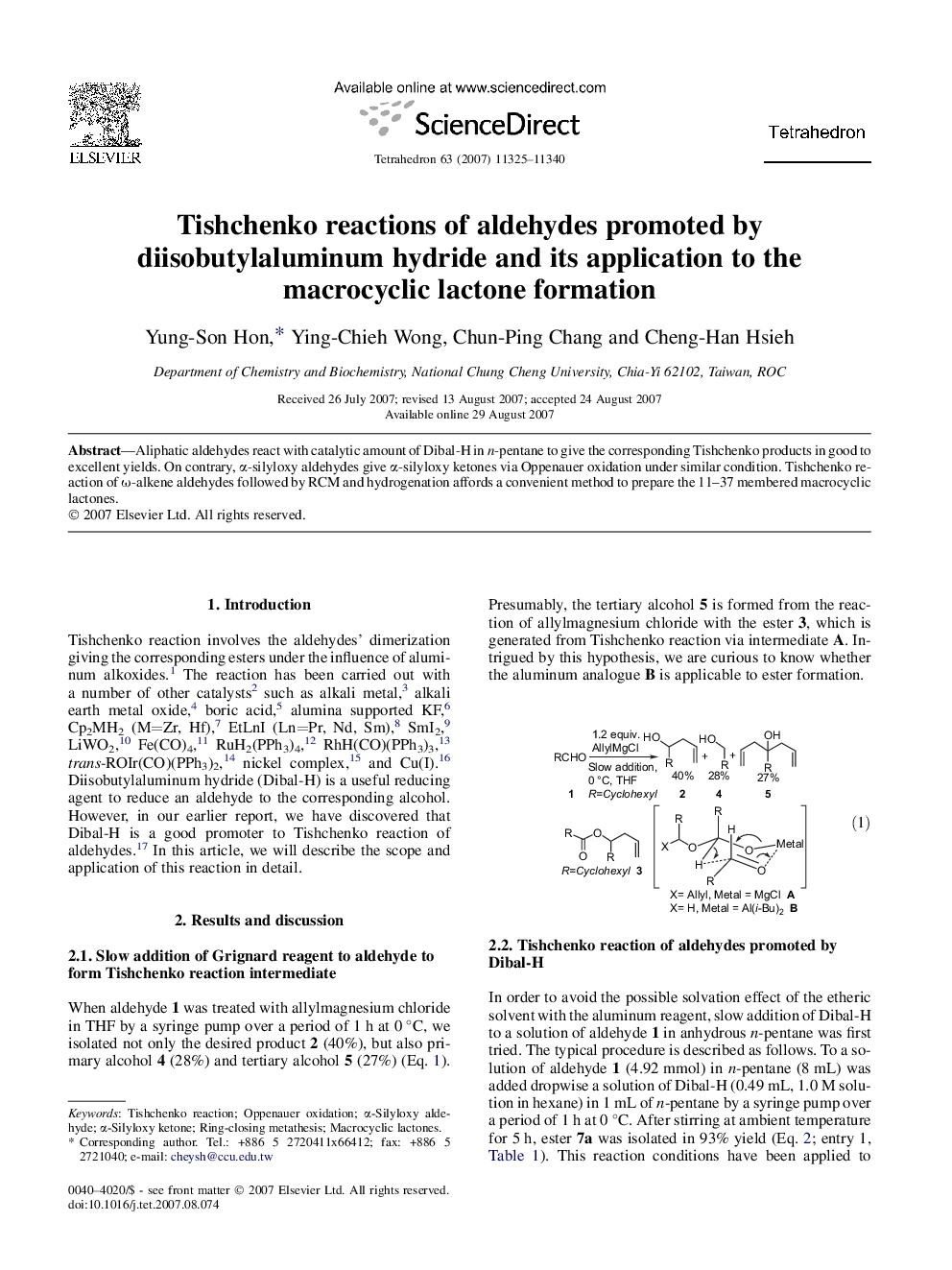 Tishchenko reactions of aldehydes promoted by diisobutylaluminum hydride and its application to the macrocyclic lactone formation